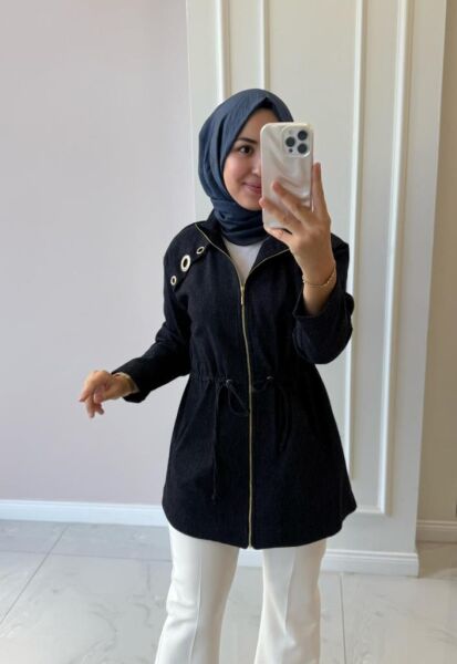 Kadın 9264 Halka Detay Kot Kap