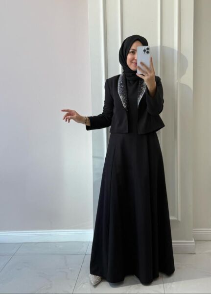 Kadın 31210 Yakası Taşlı Ceketli Elbise