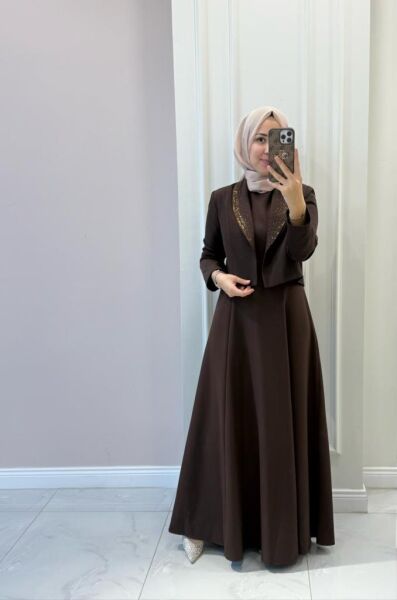 Kadın 31210 Yakası Taşlı Ceketli Elbise