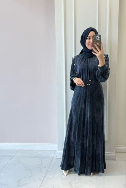 6551 Omzu Düğmeli Cupra Elbise