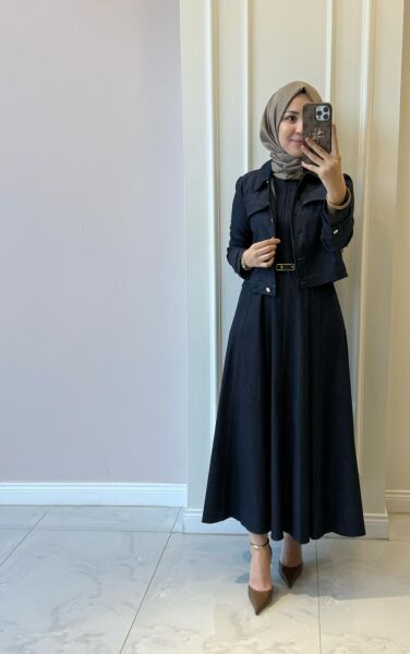 20751 Denim Ceketli Elbise Takım