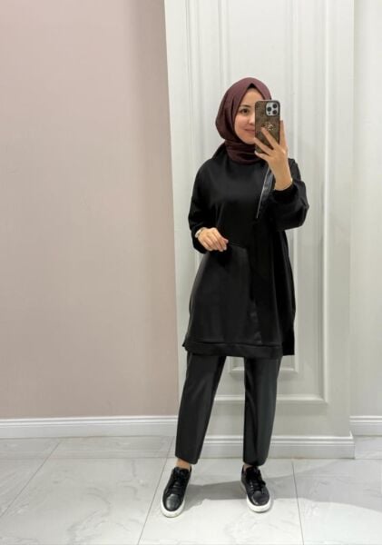 Kadın 10728 Deri Detaylı Tunik