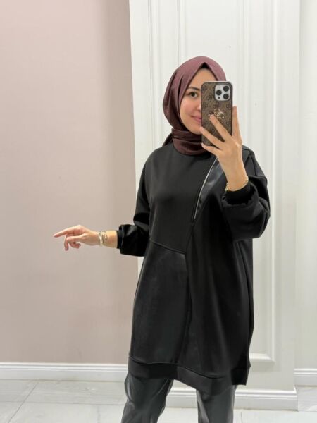 Kadın 10728 Deri Detaylı Tunik