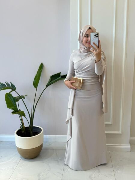 Kadın 4873 Omuzu Detaylı Krep Abiye