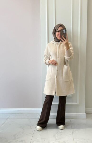Kadın 15232 Angora Kapşonlu Kaban