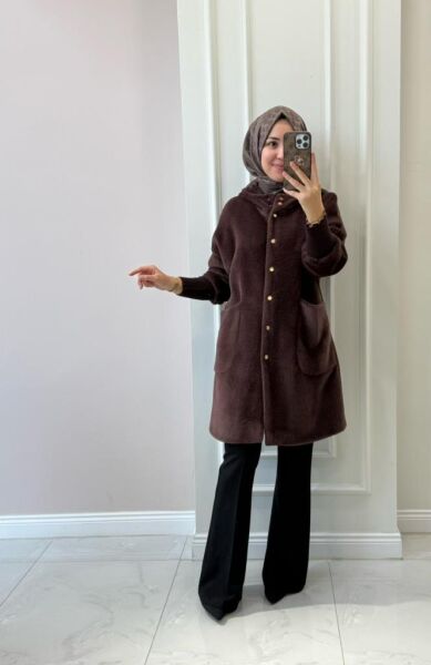 Kadın 15232 Angora Kapşonlu Kaban