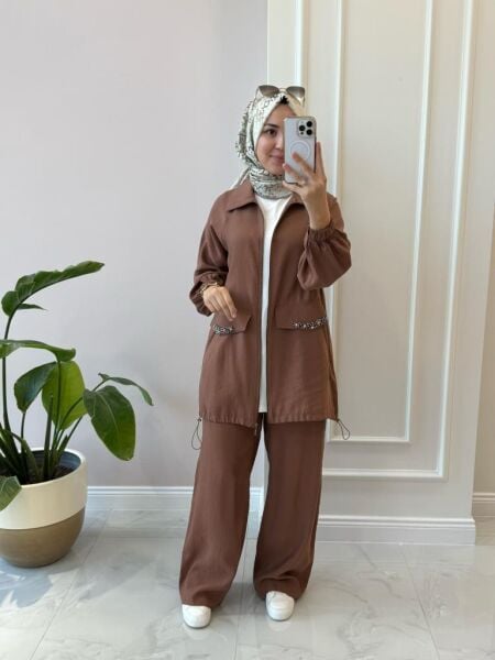 Kadın 8544 Cebi Boncuklu Pantolonlu Takım