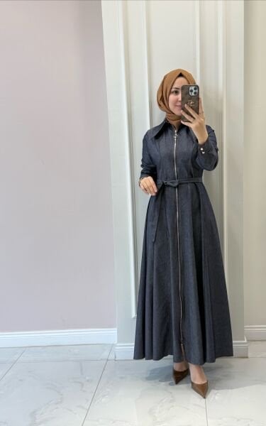 6545 Fermuarlı Kot Elbise