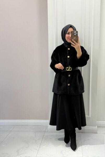 Kadın 20723 Peluş Beli Büzgülü Kısa Kaban