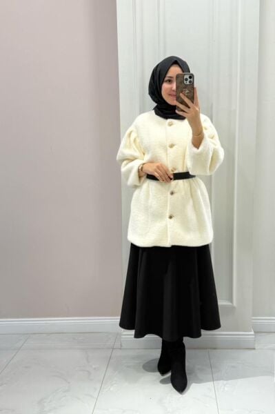 Kadın 20723 Peluş Beli Büzgülü Kısa Kaban