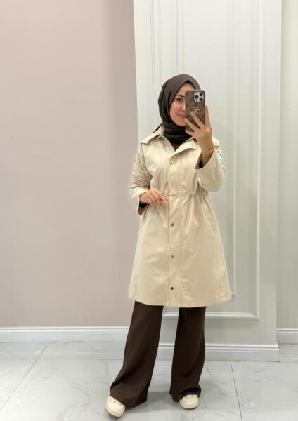 Kadın 31217 Kolları Taş Detaylı Trenç