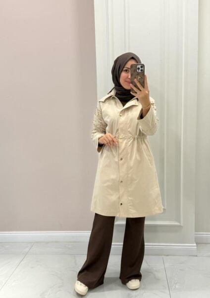 Kadın 31217 Kolları Taş Detaylı Trenç