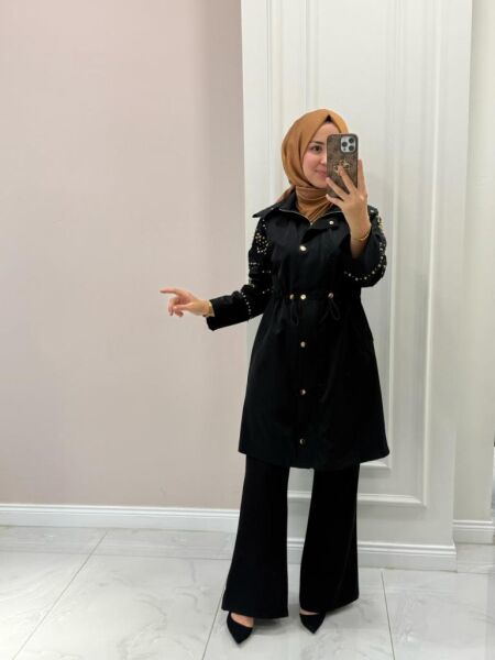 Kadın 31217 Kolları Taş Detaylı Trenç