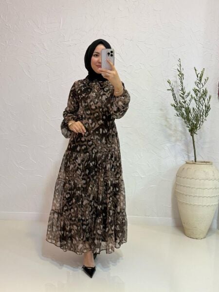 Kadın 7246 Leopar Desen Şifon Elbise