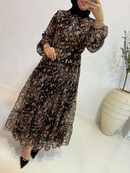 Kadın 7246 Leopar Desen Şifon Elbise