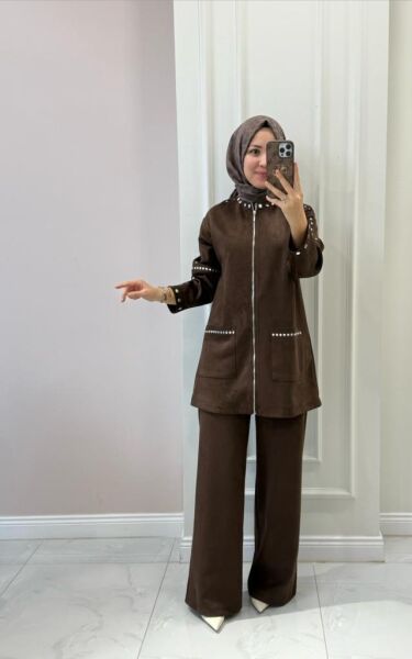 Kadın 31227-1 Süet Pantolonlu Takım