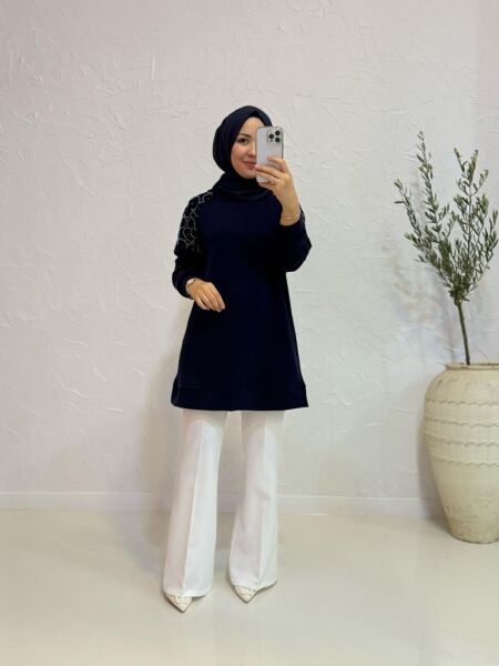 Kadın 10616 Omuzu Çiçek Kabartmalı Tunik