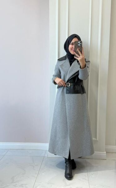 Kadın 6177 Deri Detaylı Kaşe Kaban