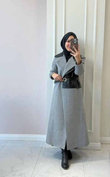 6177 Deri Detaylı Kaşe Kaban