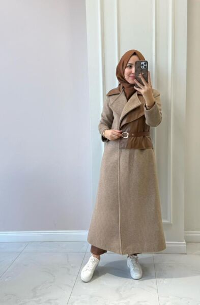 6177 Deri Detaylı Kaşe Kaban