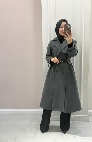 Kadın 6517 Şerit Detaylı Kaşe Kaban