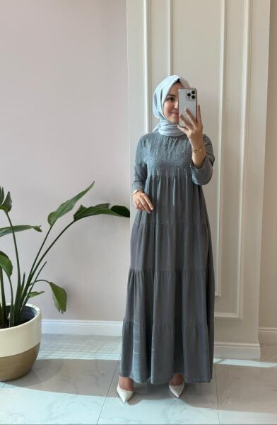 Kadın 6400-1 Taşlı Tensel Büzgülü Elbise