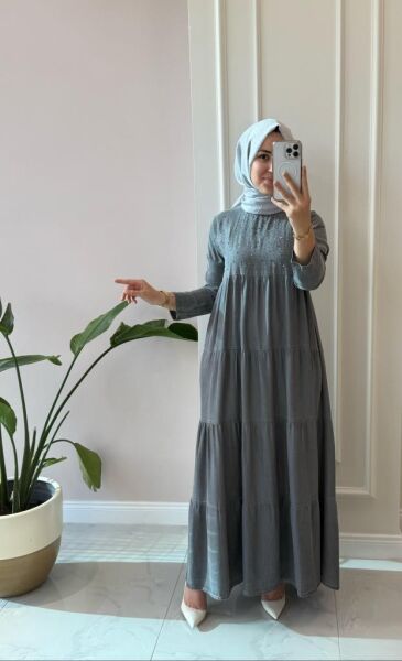 Kadın 6400-1 Taşlı Tensel Büzgülü Elbise