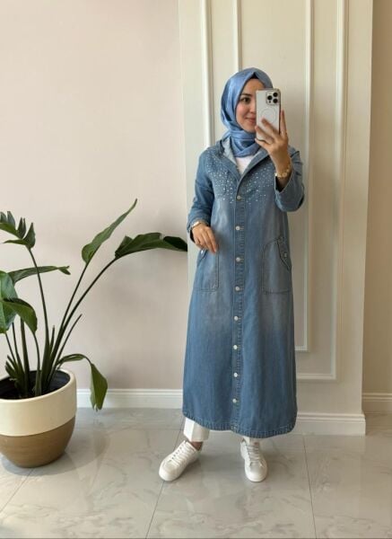 Kadın 6329-5  Taşlı Kapşonlu Denim Kap