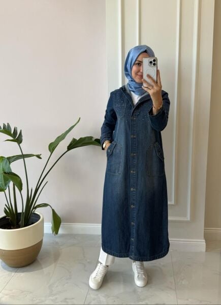 Kadın 6329-5  Taşlı Kapşonlu Denim Kap