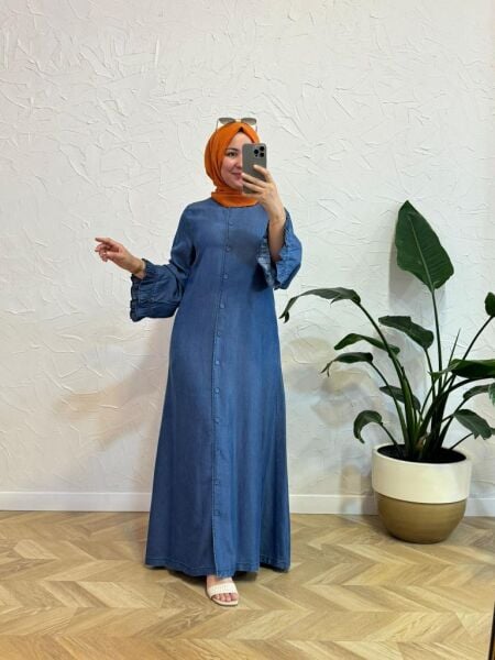 Kadın 6587 Denim Düğmeli Kolları Fırfırlı Ferace