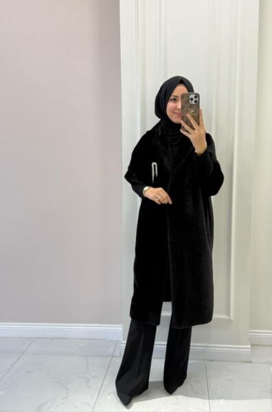 Kadın 9279 Kapşonlu Peluş Yelek