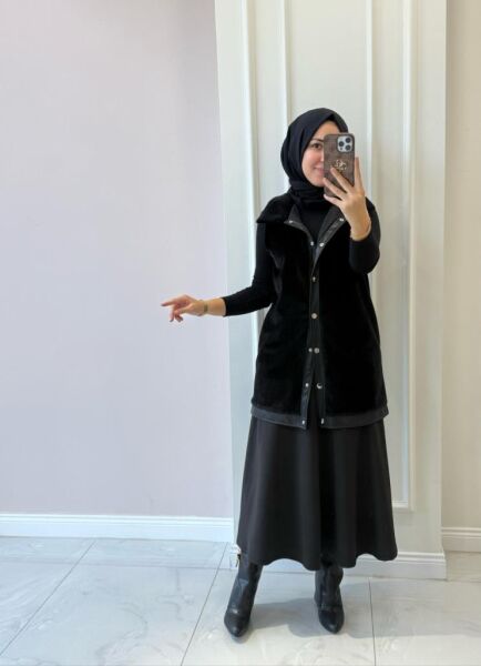 Kadın 9280 Deri Detaylı Peluş Yelek