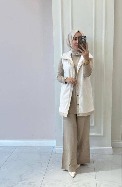 Kadın 9280 Deri Detaylı Peluş Yelek