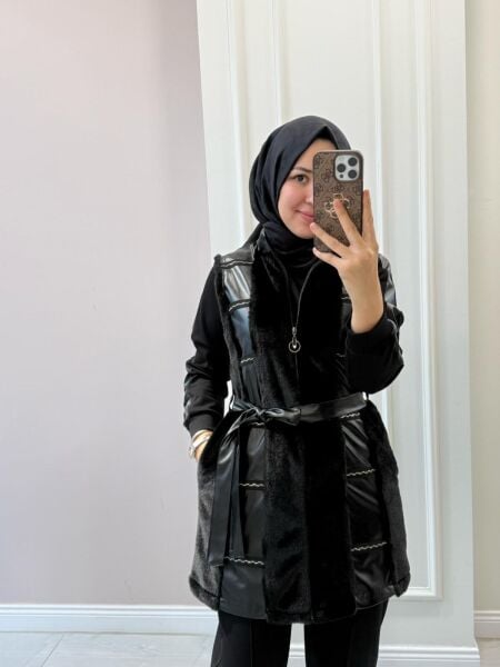 25114 Deri Detaylı Yelekli Üçlü Takım