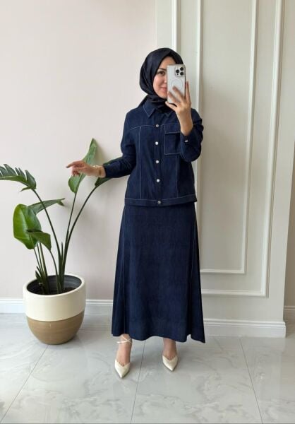 Kadın 2517085 Denim Baskılı Etekli Takım
