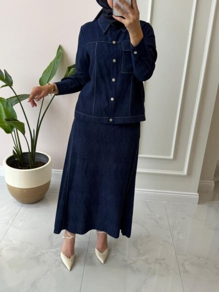 Kadın 2517085 Denim Baskılı Etekli Takım