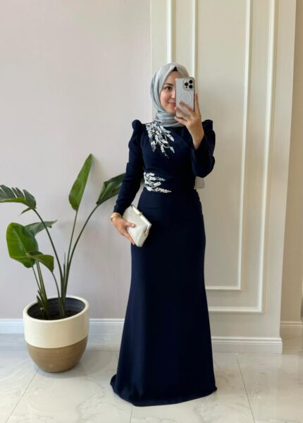 Kadın 4920 Taşlı Krep Abiye Elbise